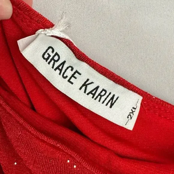 NWT GRACE KARIN | Red Sparkle One Shoulder Front Tie Stretch Dress | Women's 2XL - Picture 6 of 9